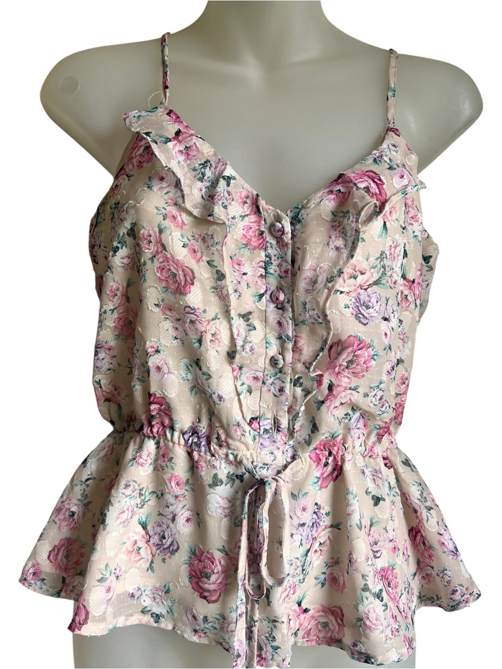 Express XS Floral Ruffle Peplum Cami Top Pink Rose Dainty Fairy Coquette Cottage